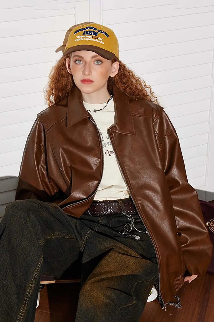 Fibflx Women's Vintage Faux Leather Bomber Jacket with Studs