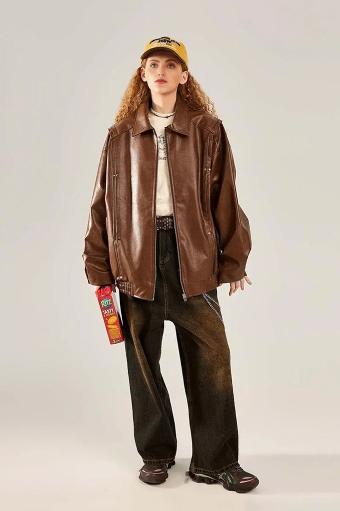 Fibflx Women's Vintage Faux Leather Bomber Jacket with Studs