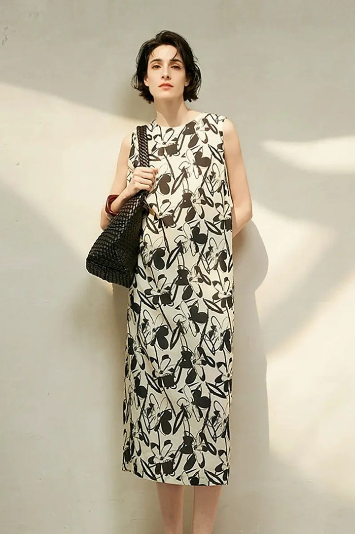 Vintage Floral Sleeveless Midi Shift Dress in Ramie L / Black Floral / 53% Lyocell 47% Ramie