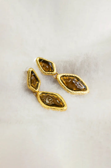 Vintage Gold Plated Dangle Earrings with Brown Resin Fibflx