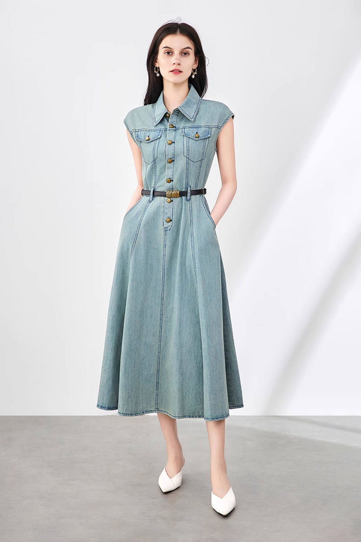 Vintage-Inspired Sleeveless Utility Denim Midi Dress