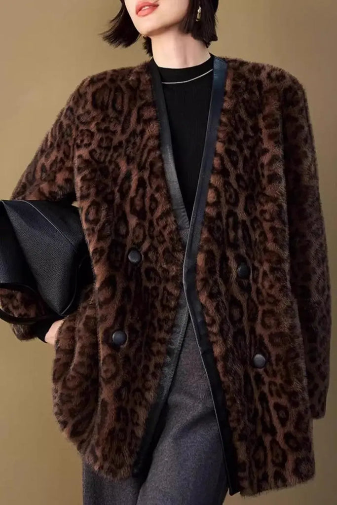 Fibflx Women's Vintage Leopard Print Collarless Mid-Length Faux Fur Coat