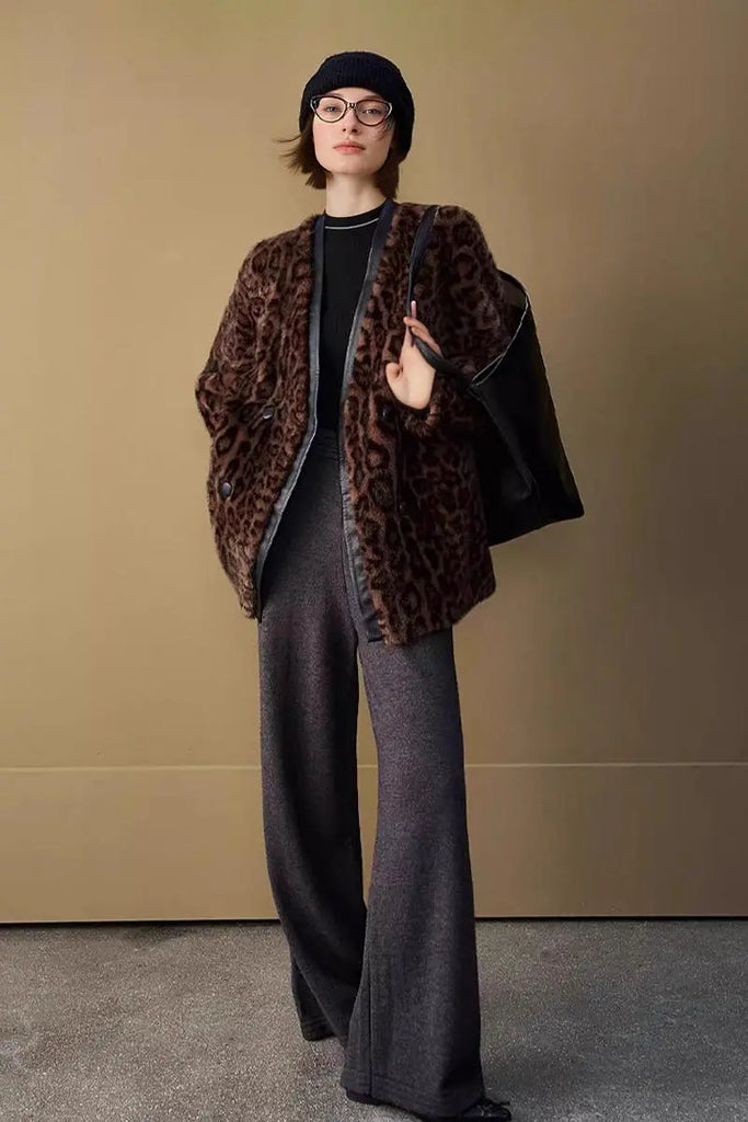 Fibflx Women's Vintage Leopard Print Collarless Mid-Length Faux Fur Coat