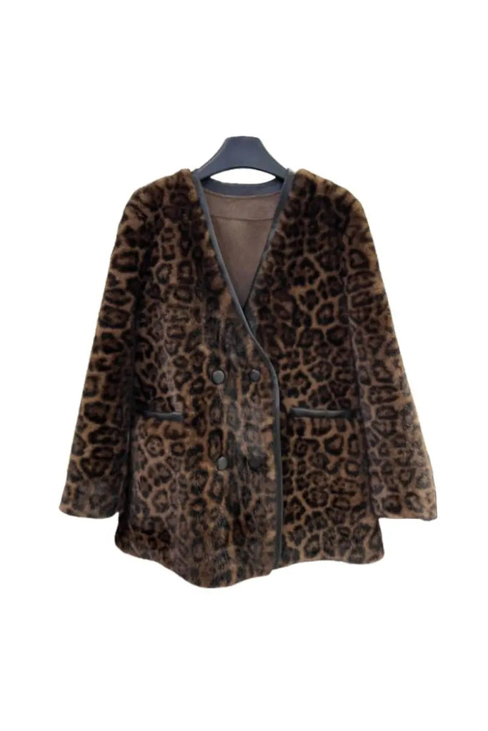 Fibflx Women's Vintage Leopard Print Collarless Mid-Length Faux Fur Coat