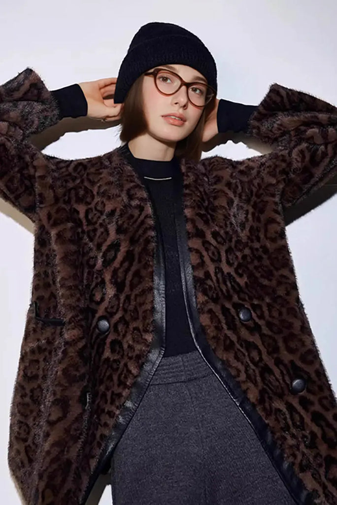 Fibflx Women's Vintage Leopard Print Collarless Mid-Length Faux Fur Coat