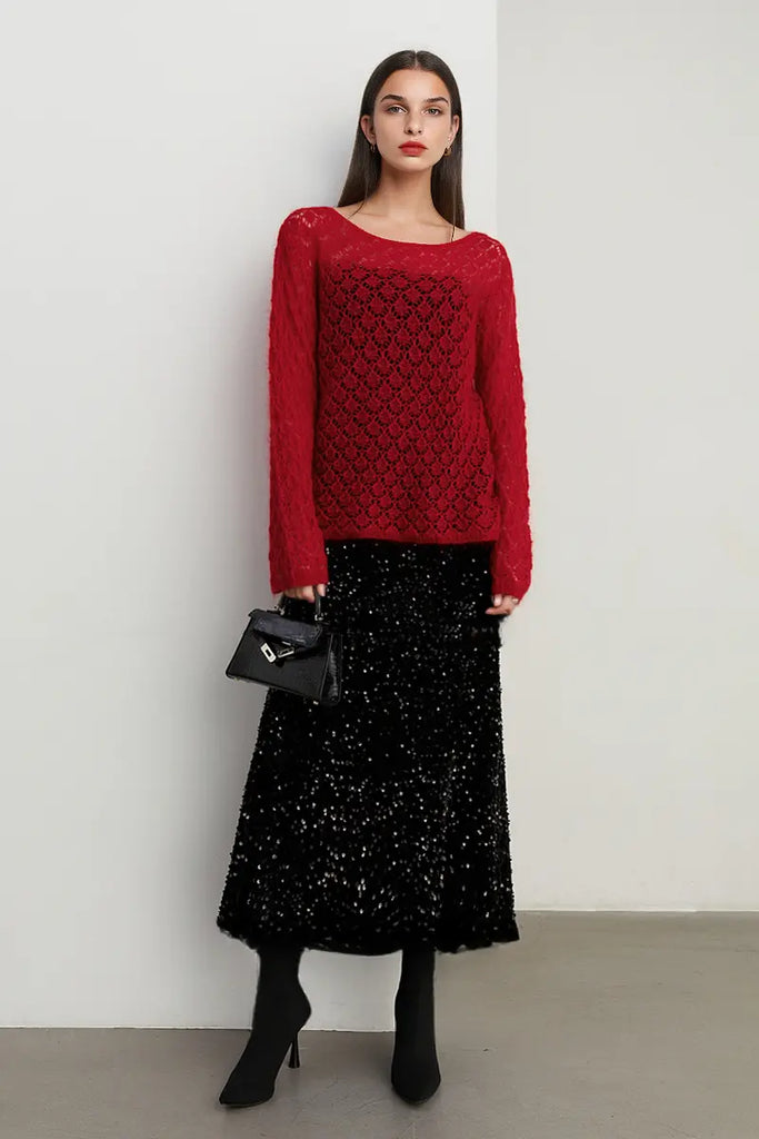 Fibflx Women's Vintage Maxi Sequin Skirt with Back Split