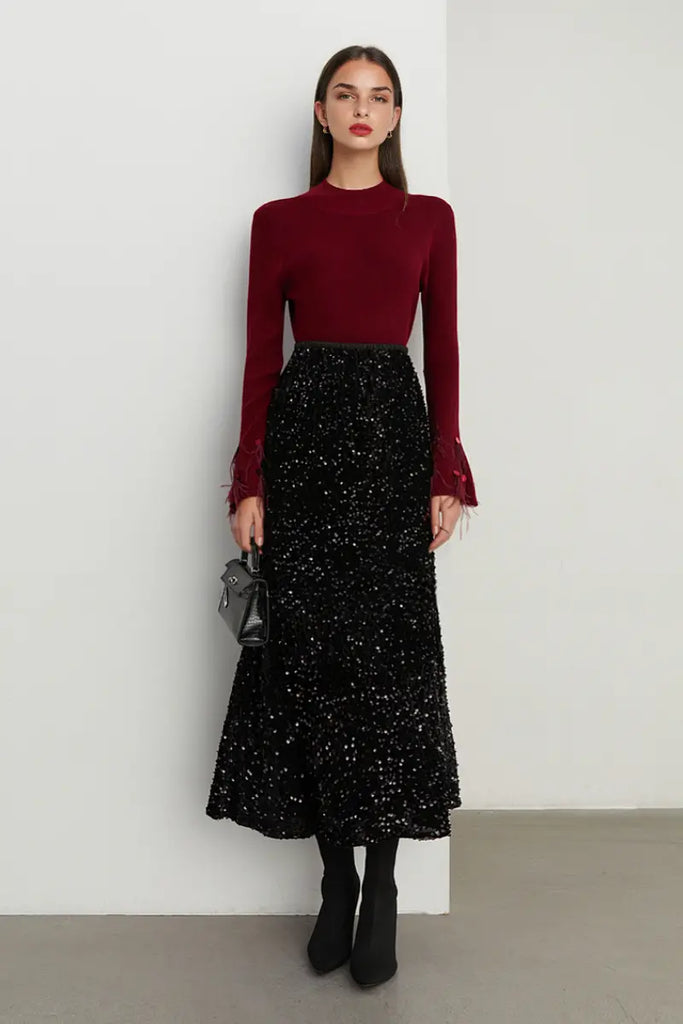 Fibflx Women's Vintage Maxi Sequin Skirt with Back Split