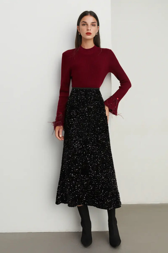 Fibflx Women's Vintage Maxi Sequin Skirt with Back Split