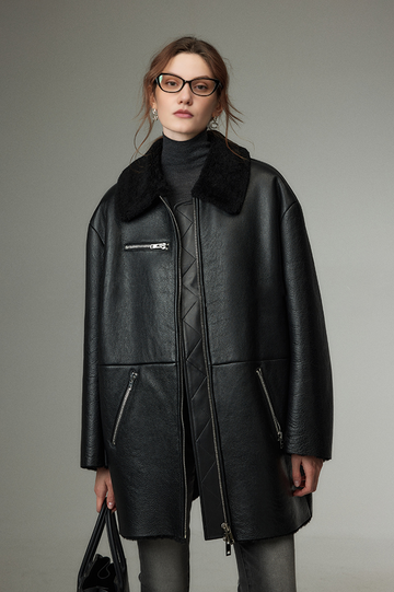Fibflx Women's Mid-length Merino Shearling Lined Leather Jacket