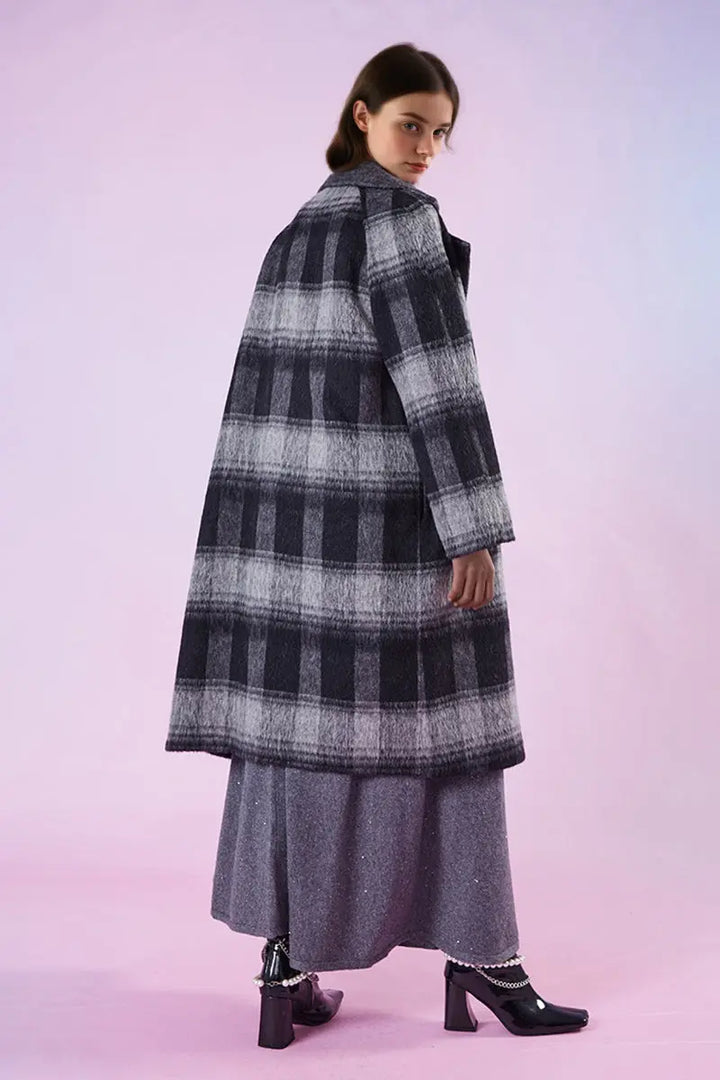 Fibflx Women's Vintage Oversized 100 Wool Plaid Trench Coat