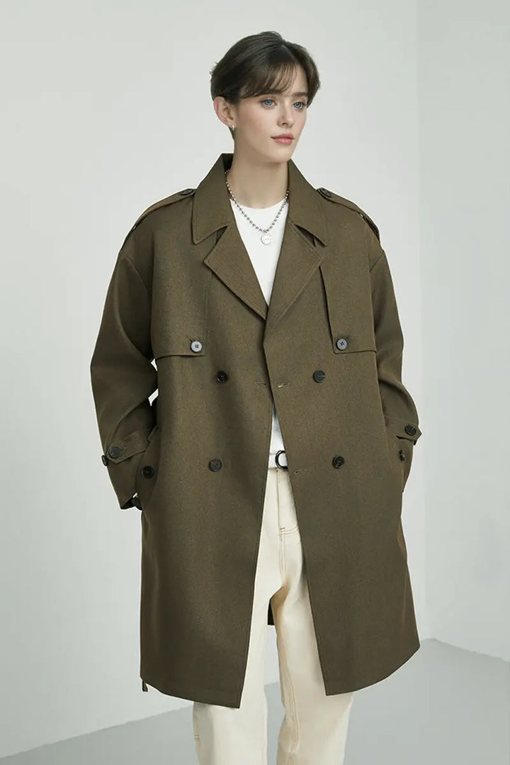 Fibflx Women's Vintage Oversized Double Breasted Mid Length Trench Coat with Belt