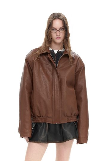 Vintage Oversized Faux-leather Brown Bomber Jacket Fibflx