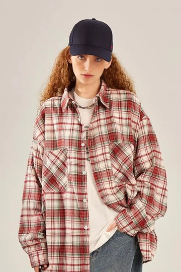 Fibflx Women's Vintage Oversized Plaid Flannel Button Down Shirt