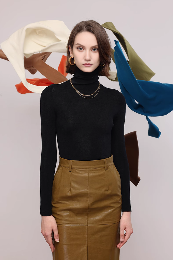 FIbflx Women's Washable Merino Wool Base Layer Turtleneck Sweater