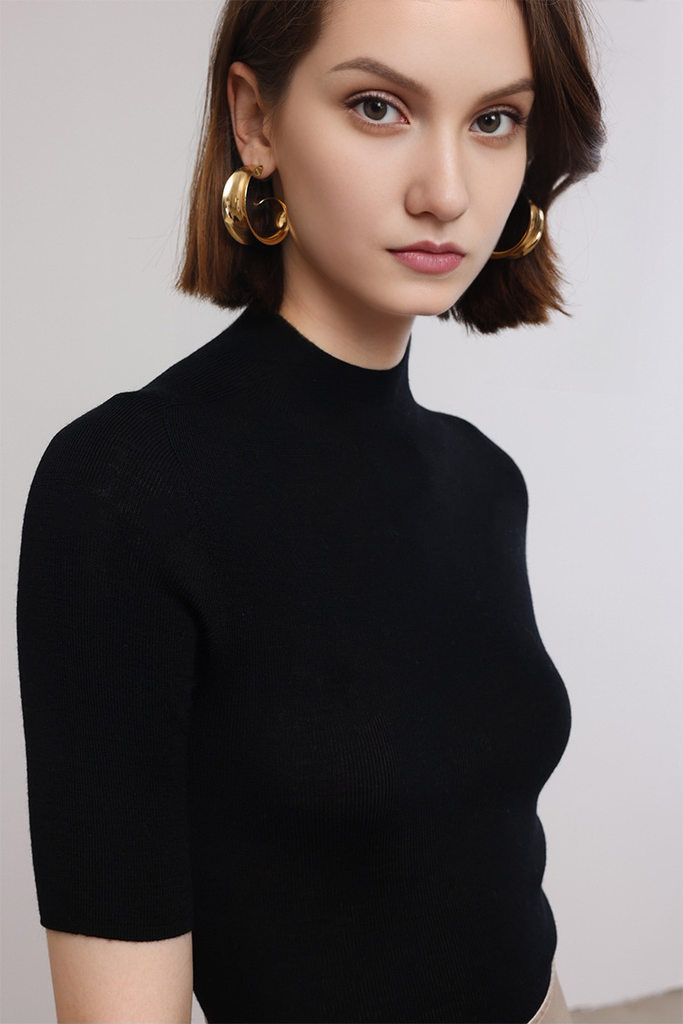 Fibflx Women's Washable Merino Wool Mock Neck Basic Top