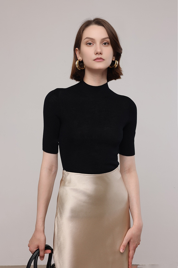 Fibflx Women's Washable Merino Wool Mock Neck Basic Top