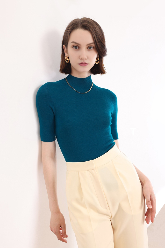 Fibflx Women's Washable Merino Wool Mock Neck Basic Top