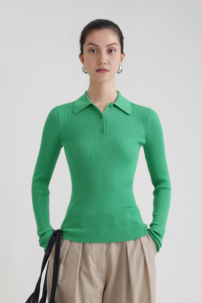 Fibflx Women's Washable Wool Rib Knit Long Sleeve Polo