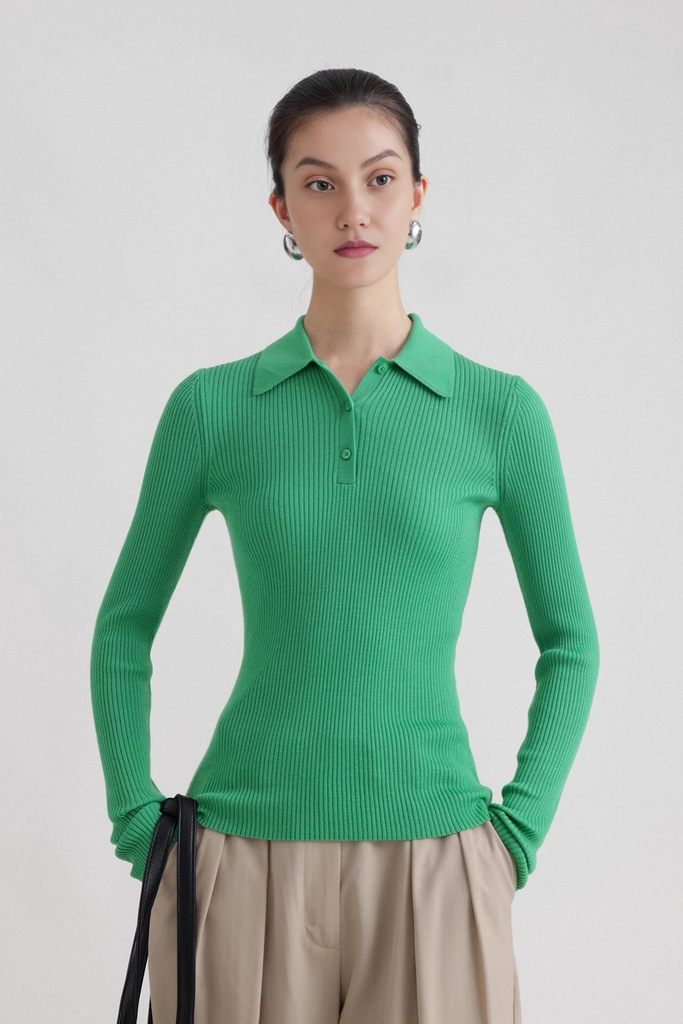 Fibflx Women's Washable Wool Rib Knit Long Sleeve Polo