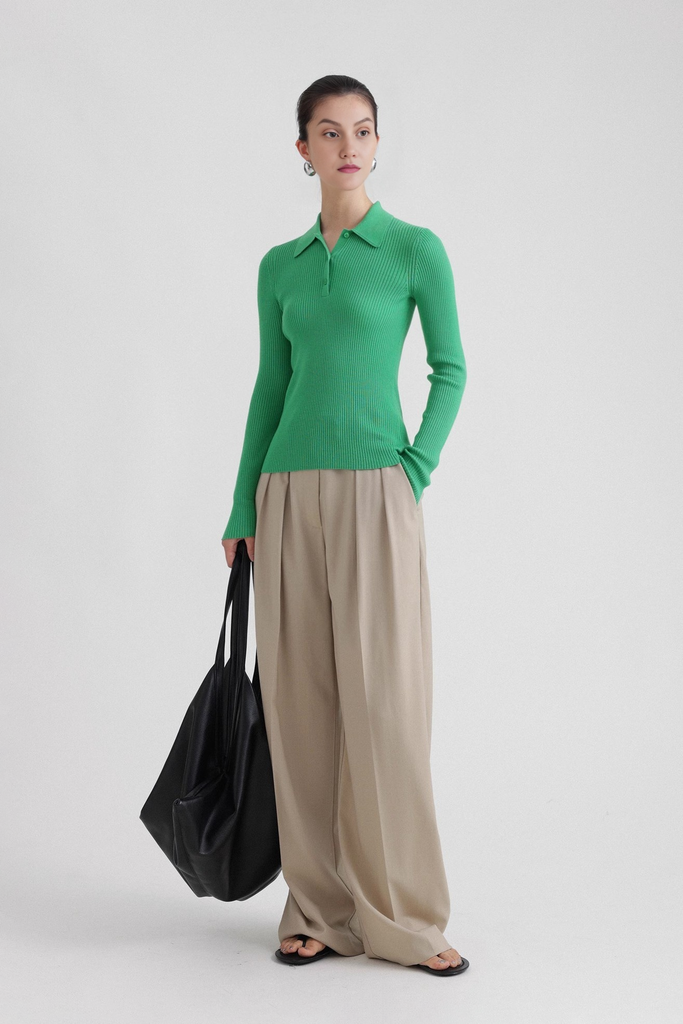 Fibflx Women's Washable Wool Rib Knit Long Sleeve Polo