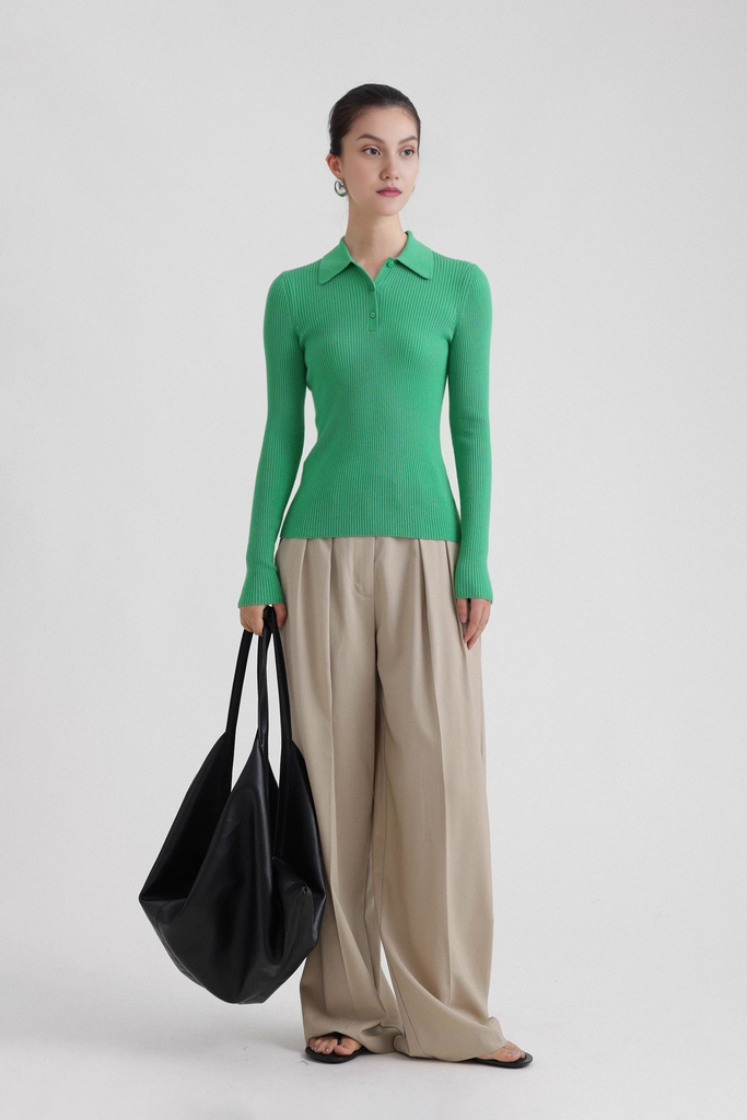 Fibflx Women's Washable Wool Rib Knit Long Sleeve Polo