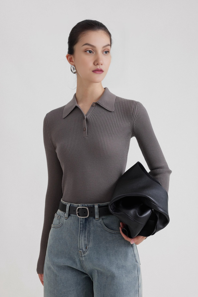 Fibflx Women's Washable Wool Rib Knit Long Sleeve Polo