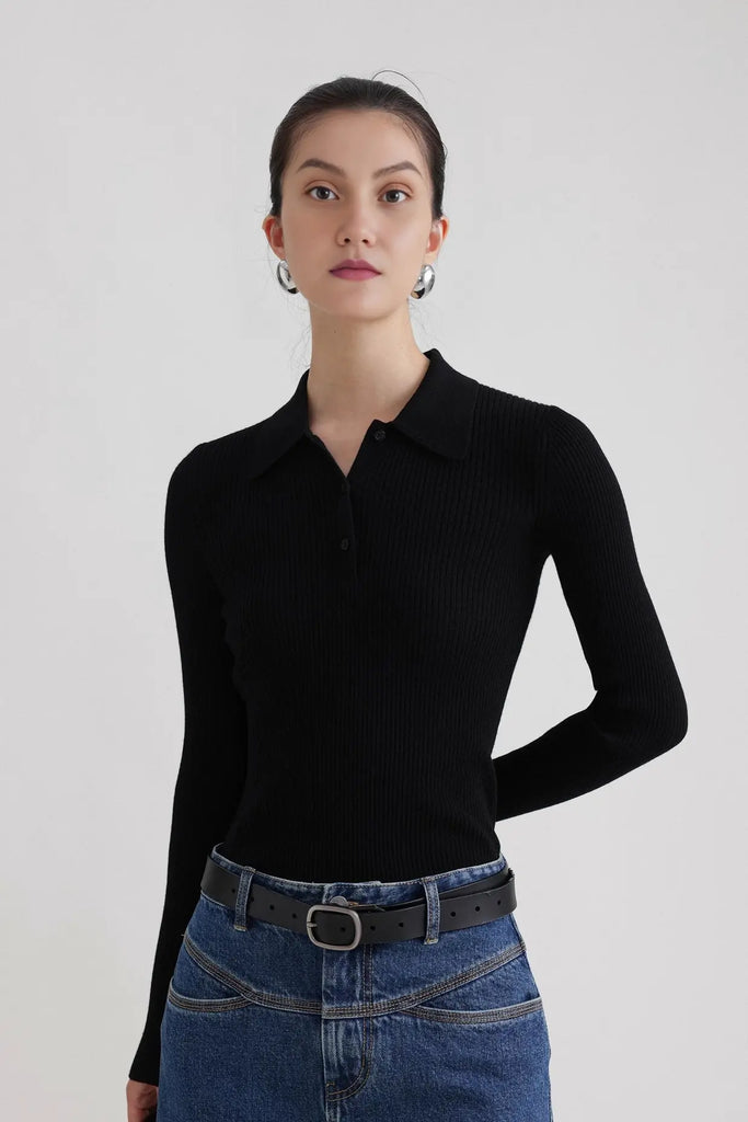 Fibflx Women's Washable Wool Rib Knit Long Sleeve Polo