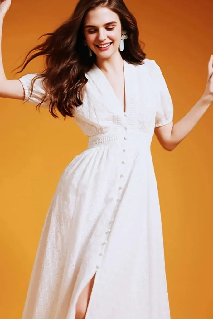 White 100 Cotton Eyelet-Embroidery Puff-Sleeve Midi Tea Dress - Fibflx