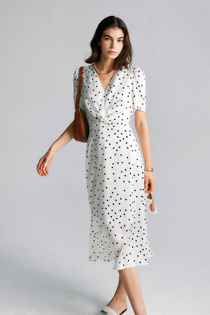 White Polka-Dot Midi Dress M / White N Black Polka Dot / 100% Polyamide