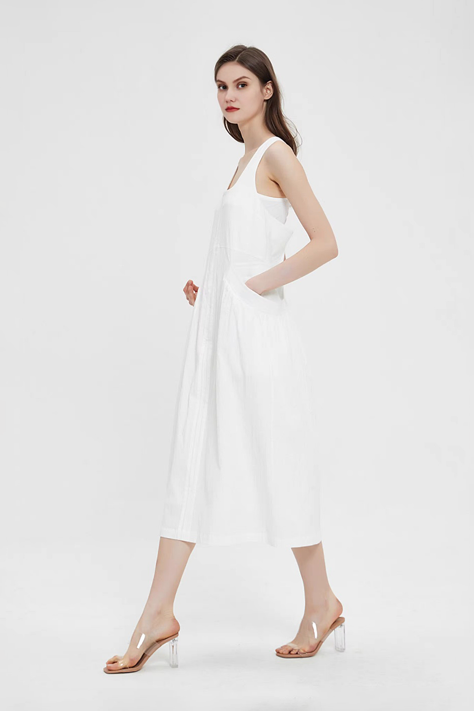 White Backless Tank Dress with Pockets XS / White / 49% Cotton 38% Polyster 13% Linen