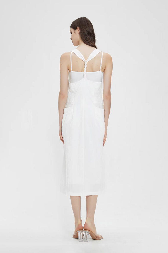 White Backless Tank Dress with Pockets XS / White / 49% Cotton 38% Polyster 13% Linen