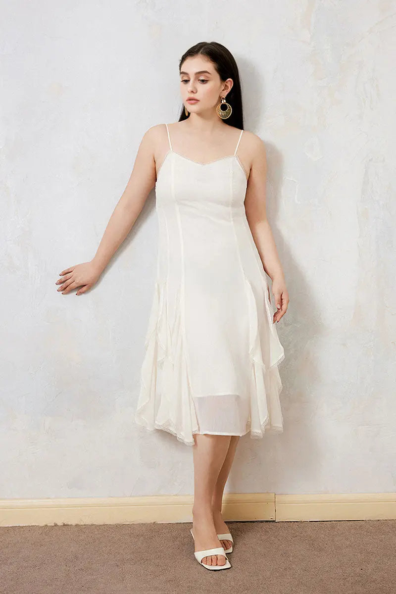 white chiffon spaghetti strap dress Spaghetti-Strap Ruffled Midi with Lace Trim Ivory / M Amy Lynn Contrast Halter Best Sellers Social Lace beach rehearsal dinner party Size:34L