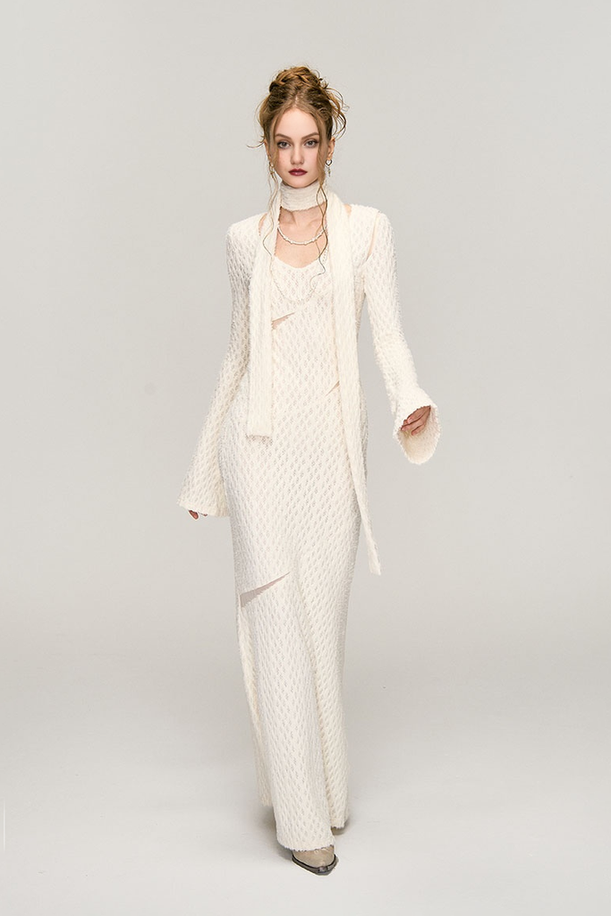 Fibflx Women's White Crochet Cut Out Long Sleeve Maxi Dress