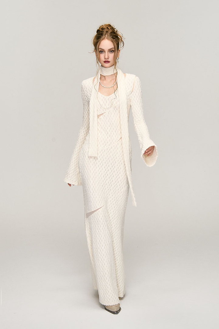 White Crochet Cut Out Long Sleeve Maxi Dress S / Ivory / 97% Polyester 3% Spandex