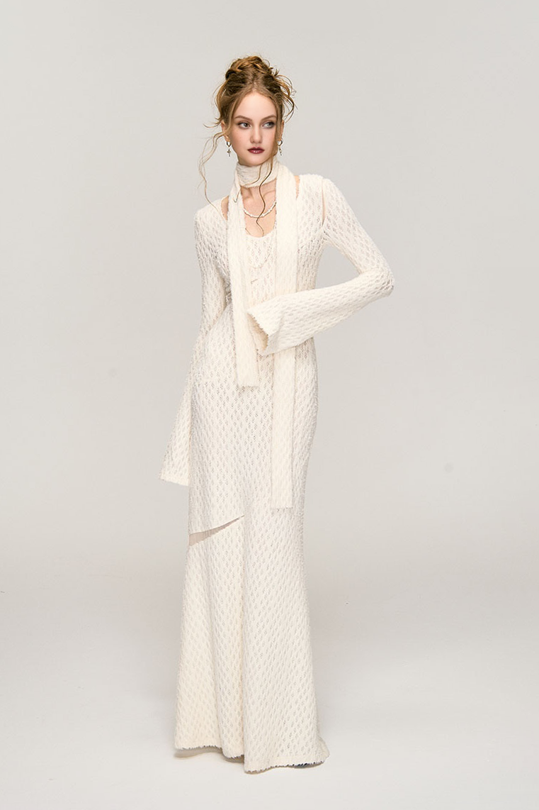 White Crochet Cut Out Long Sleeve Maxi Dress S / Ivory / 97% Polyester 3% Spandex