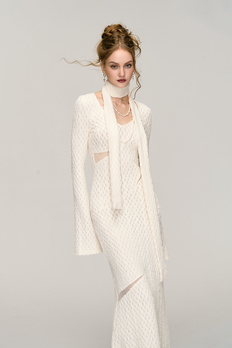 White Crochet Cut Out Long Sleeve Maxi Dress S / Ivory / 97% Polyester 3% Spandex