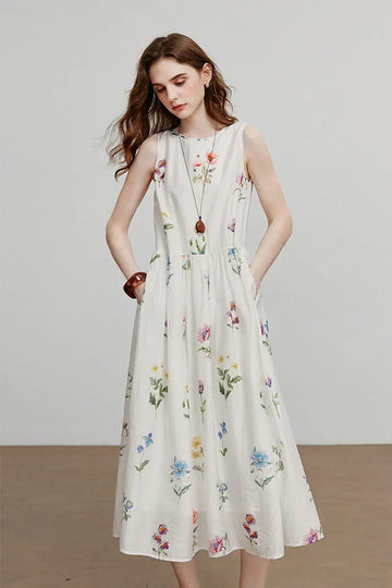 White Floral Linen Sleeveless Fit & Flare Midi Dress Fibflx