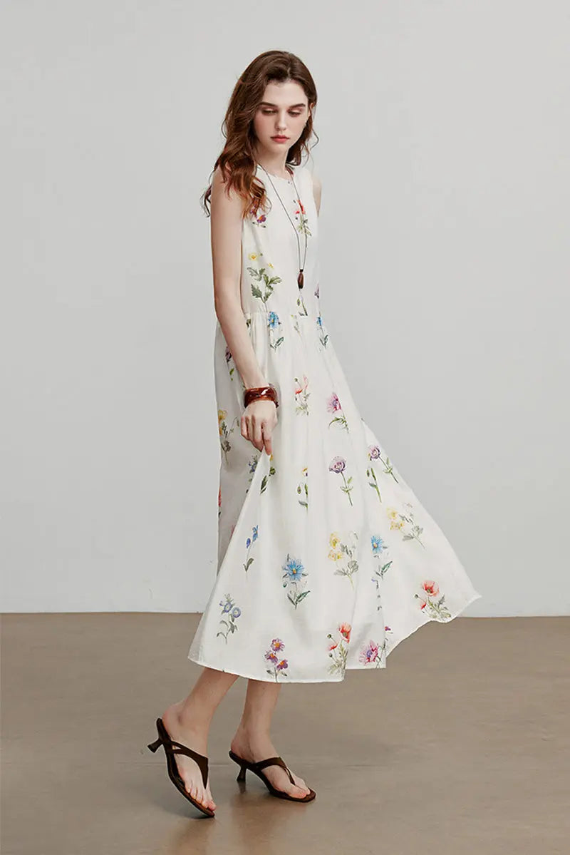 floral linen blend flare dress Fit & Flare Sleeveless Linen-Blend Midi Dress