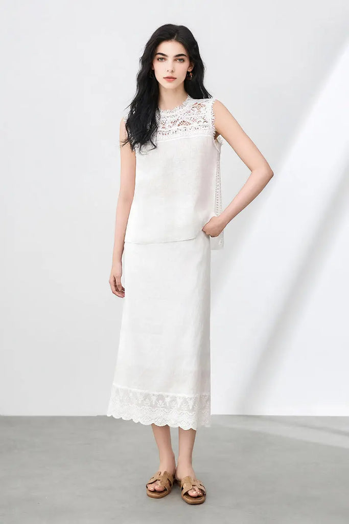 White Linen Crochet Lace Tank Top & Midi Skirt Set - Fibflx