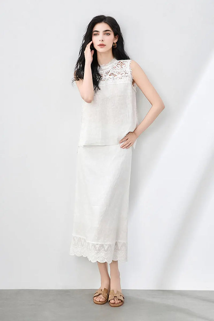 White Linen Crochet Lace Tank Top & Midi Skirt Set  Fibflx