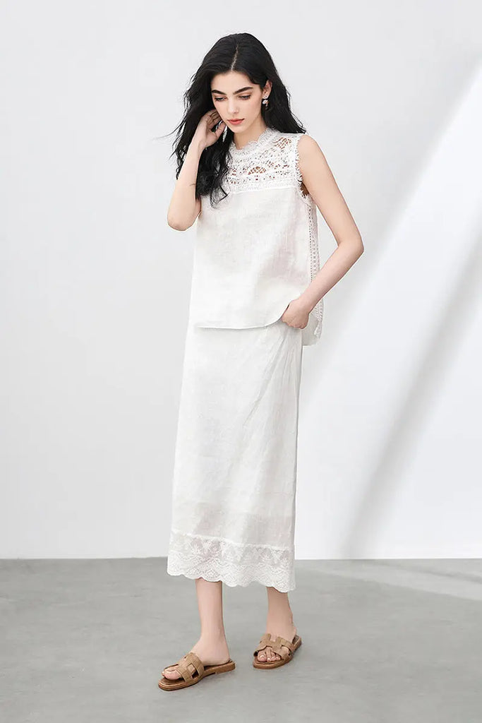 White Linen Crochet Lace Tank Top & Midi Skirt Set  Fibflx