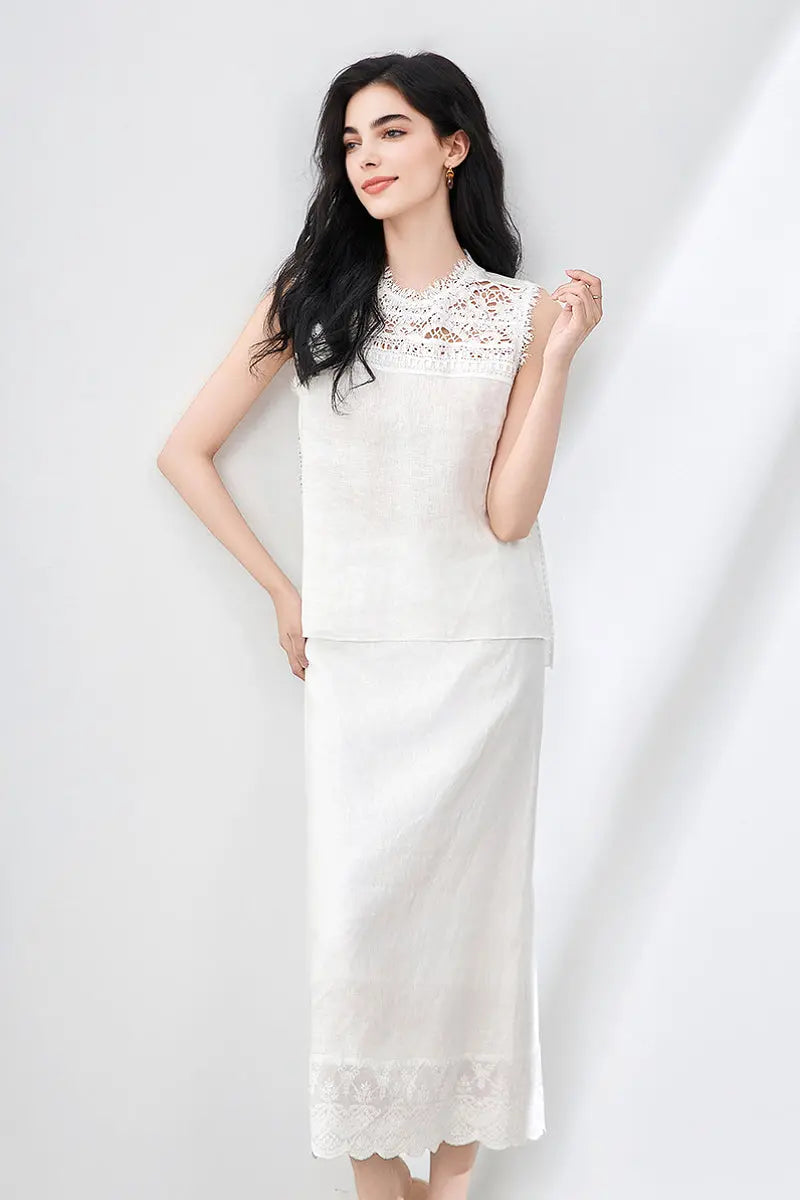 White Linen Crochet Lace Tank Top & Midi Skirt Set | FIBFLX