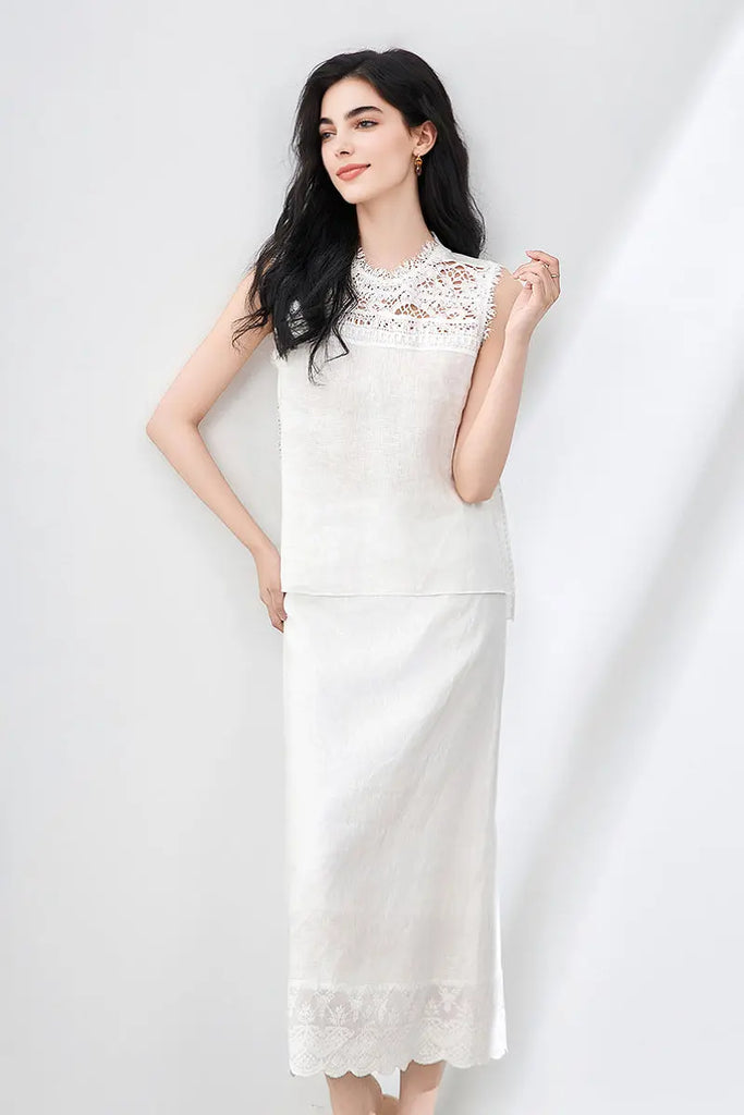 White Linen Crochet Lace Tank Top & Midi Skirt Set  Fibflx