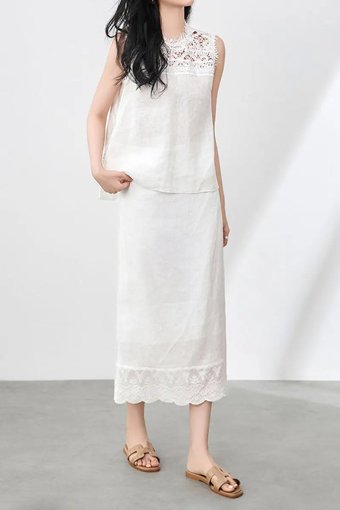 White Linen Crochet Lace Tank Top & Midi Skirt Set  Fibflx