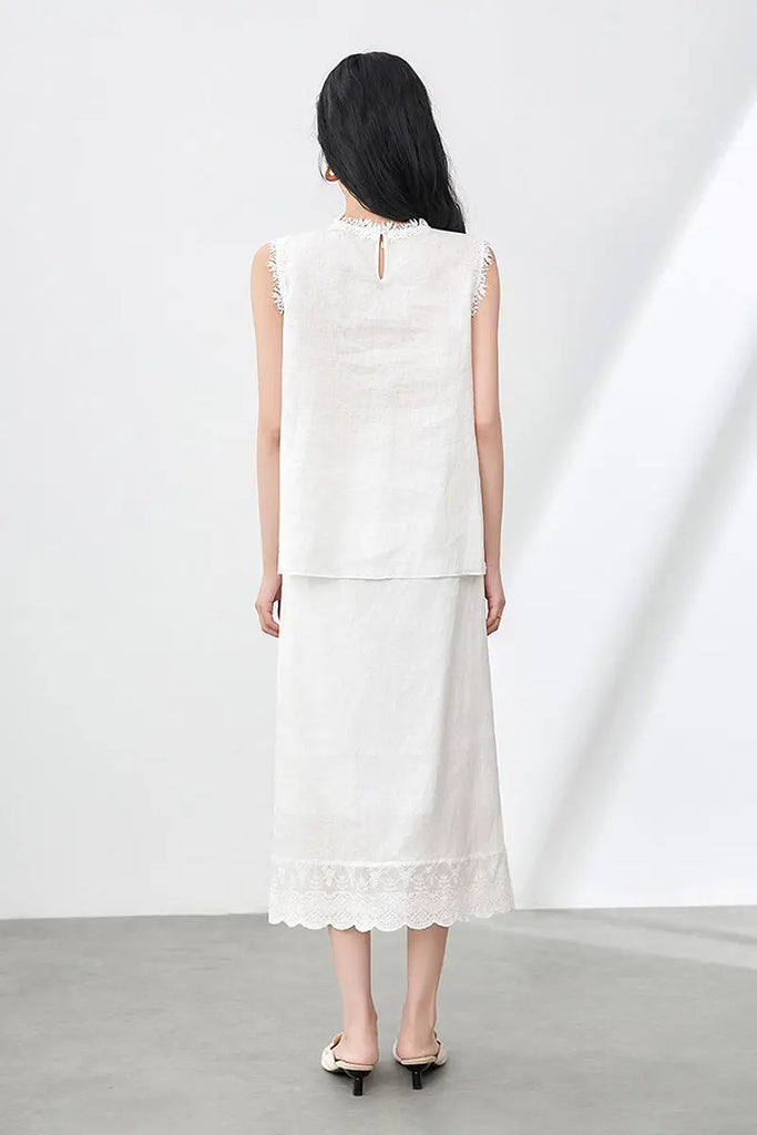 White Linen Crochet Lace Tank Top & Midi Skirt Set  Fibflx