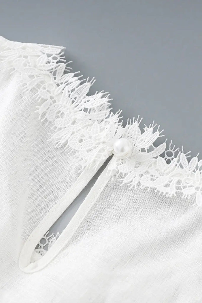 White Linen Crochet Lace Tank Top & Midi Skirt Set  Fibflx