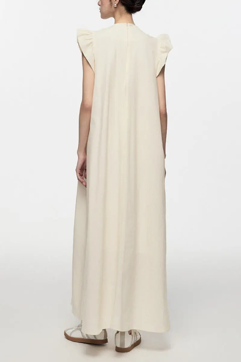 White Ruffle Cap-Sleeve Trapeze Maxi Dress M / Off White / 60% Nylon 35% Rayon 5% Spandex