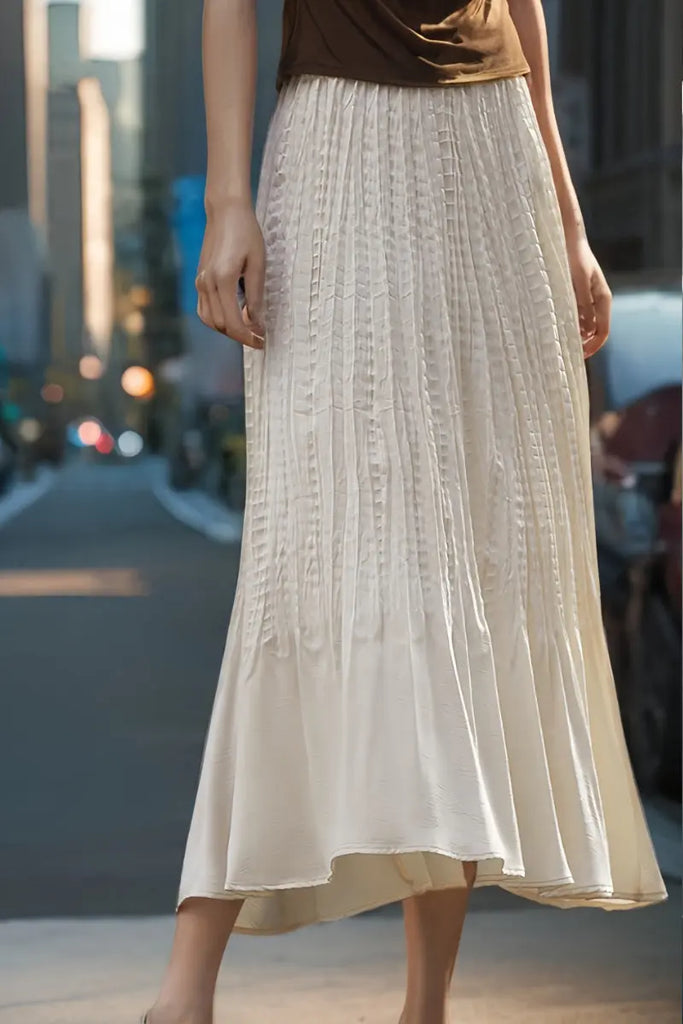 White Satin Grid-Pleated Mermaid Midi Skirt L / Off White / 100% Recycled Polyester Fibflx