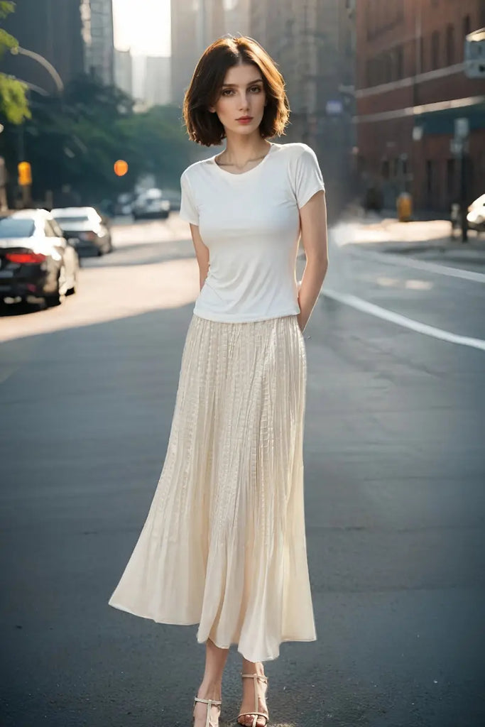 White Satin Grid-Pleated Mermaid Midi Skirt  Fibflx