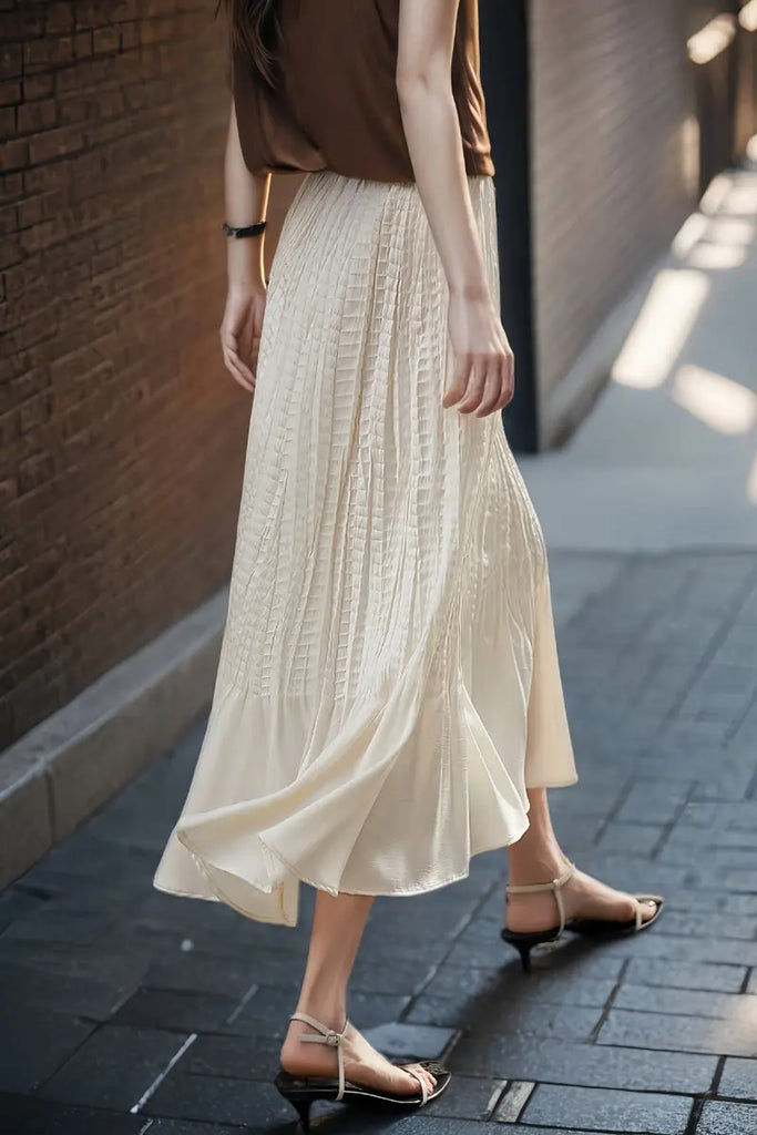 White Satin Grid-Pleated Mermaid Midi Skirt  Fibflx